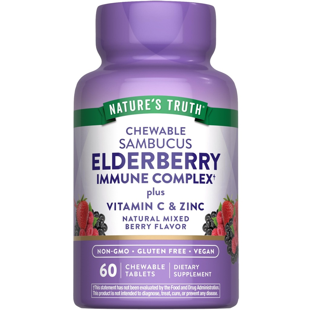 Naturens Sanning Elderberry Immune Complex | 60 Tabletter | Plus Vitamin C & Zink | Mixed Berry | Vegan, Non-GMO och Gluten Free Supplement
