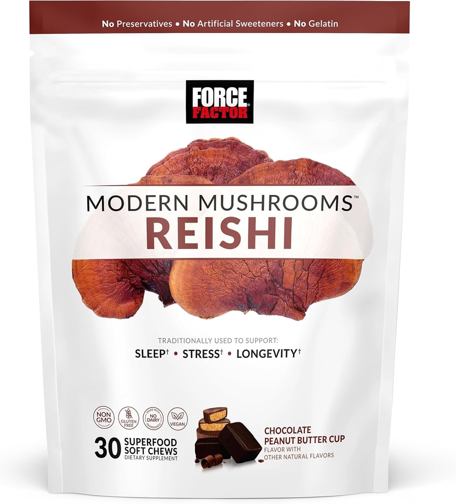 FORCE FACTOR Modern Mushrooms Soft Chews, Reishi Mushroom Supplement för att stödja sömn, stressavlastning och livslängd, antioxidanter Supplement, utsökt choklad jordnötssmörsmak, 30 mjuka chews