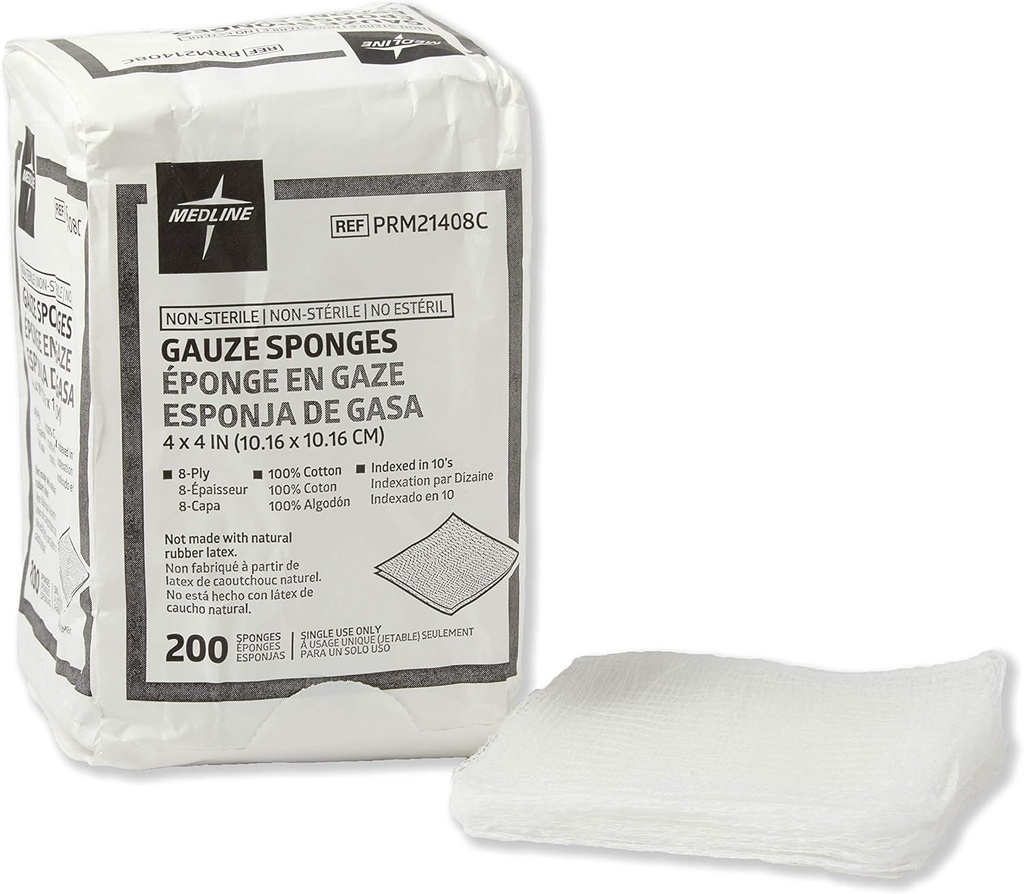 Medline icke-steril bomull vävda gassvampar, 8 Ply, idealisk för sårkläder och rengöring, fall av 4000