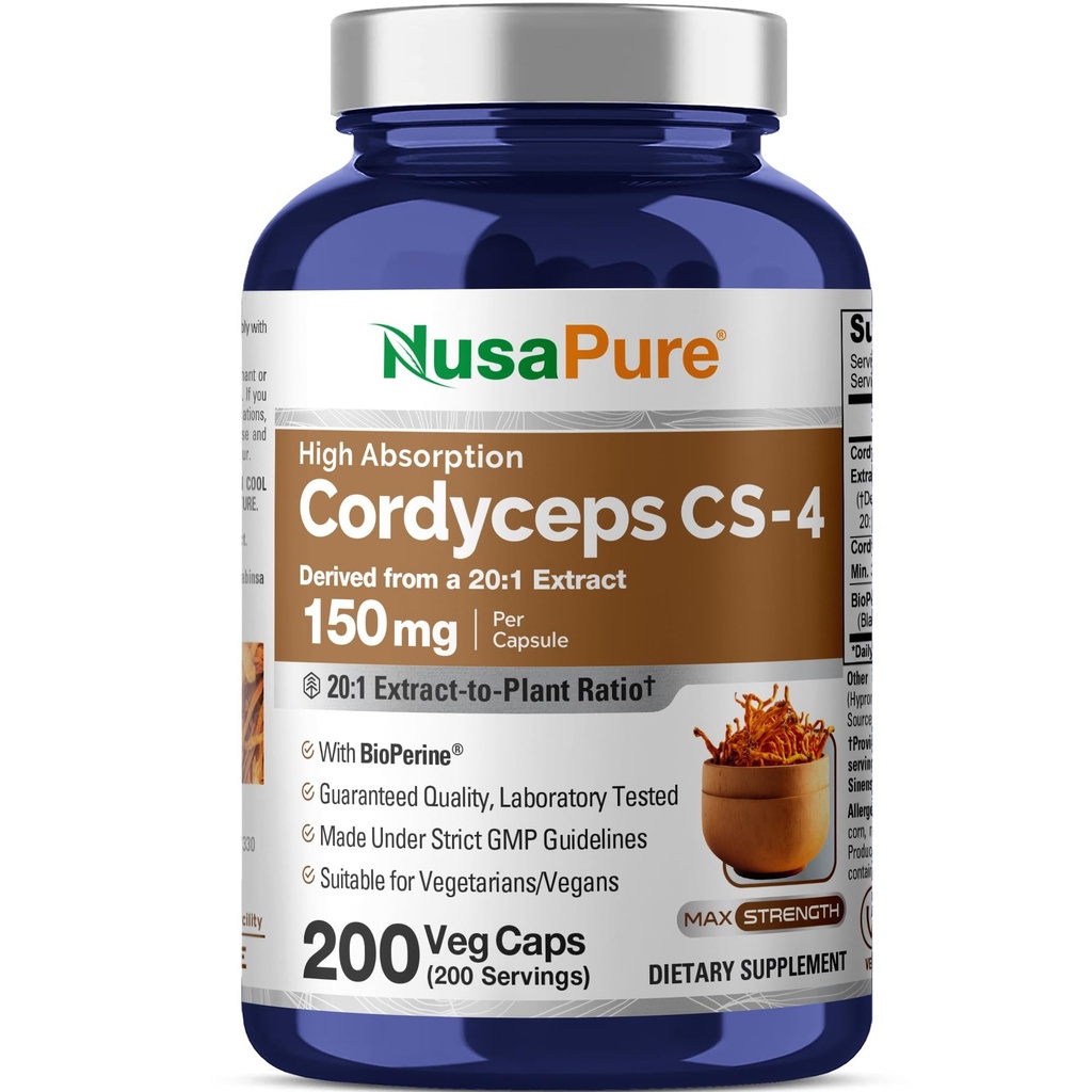 NusaPure Cordyceps 20:1 Extrakt, 150 mg Equivalent till 3.000mg 200 Veggie Capsules (Sinensis CS-4, Non-GMO, Vegan) Bioperine