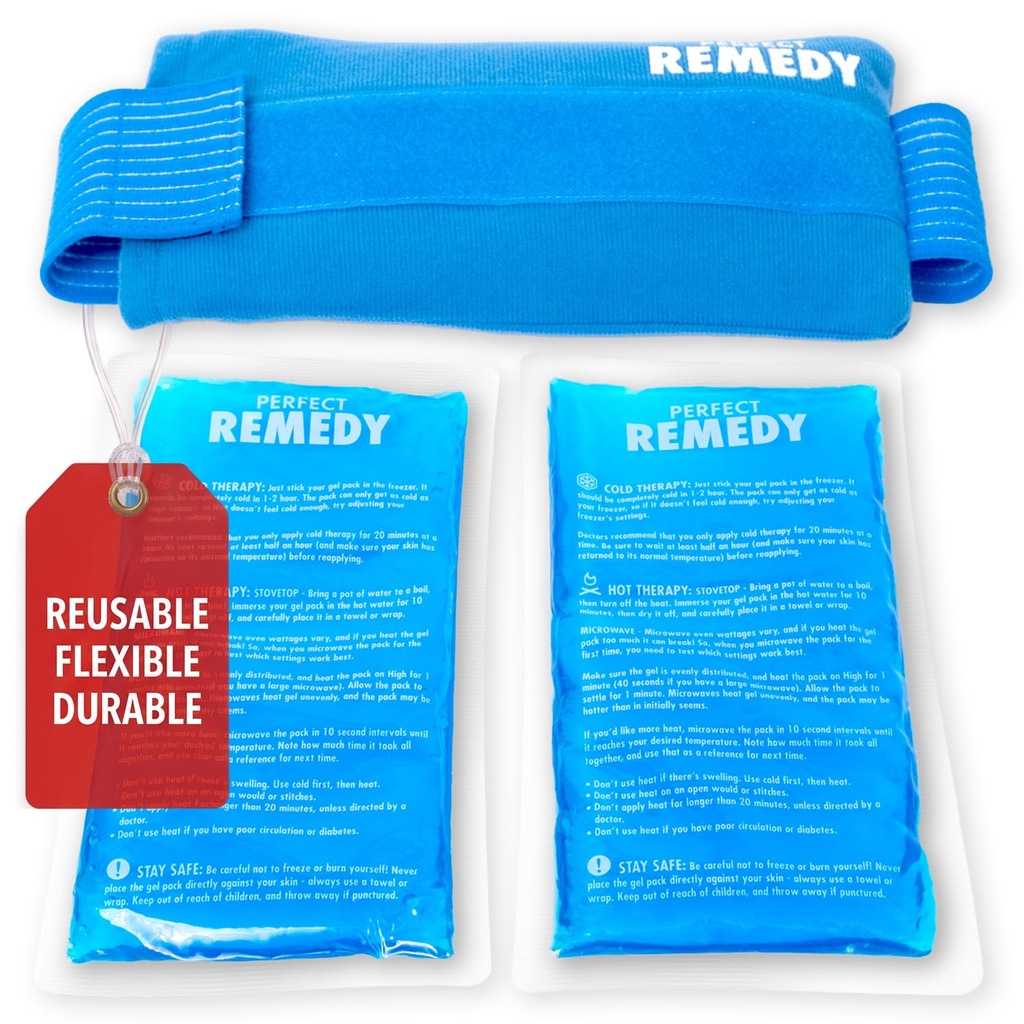 Perfekt Remedy 2-Pack Gel Ice Packs för skador med Strap Cover, Flexibel Hot Cold Compress, Soothing Soft Ice Packs för stöd i skador Villkor, Alternativ till Hot Water Bottles (Blå, Regelbunden)