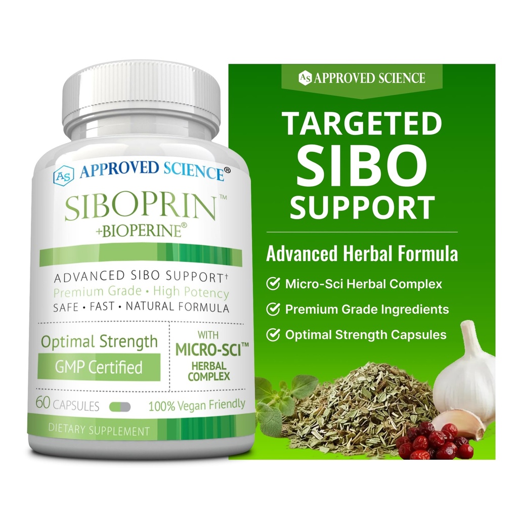 Godkänd vetenskap Siboprin - 60 kapslar - Support Gut Balance, Soothe Intestinal Irritation, Hjälp med kramper och uppblåst - Caprylic Acid, Barberry, Oregano - Vegan