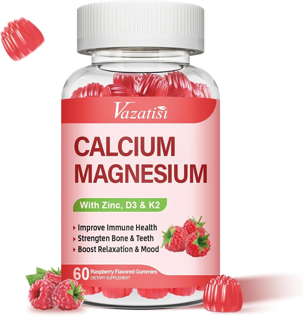 Kalcium Magnesium Zink Gummies med vitamin D3 & K2, High Absorption Magnesium Glycinate Kalium för immun och lugnt humör, Raspberry Flavor 60 Gummies