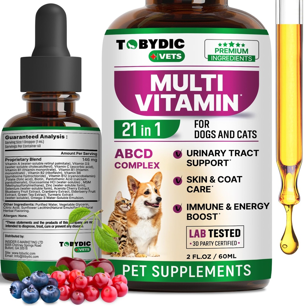 Cat & Dog Multivitamin 21 i 1 Pet Supplements with Cranberry & Glucosamine - Natural Medicine & Support för UTI, Urinary Tract, Bladder, Kidney, Skin Coat, Joints Treatment Made in USA