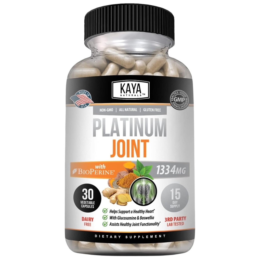 Kaya Naturals Platinum Mobility Turmeric - Bioperin, Glukosamin, gurkmeja med Boswellia, Hälsosam naturlig rörlighet stöd, gurkmeja Curcumin 1334mg - 30 kapslar