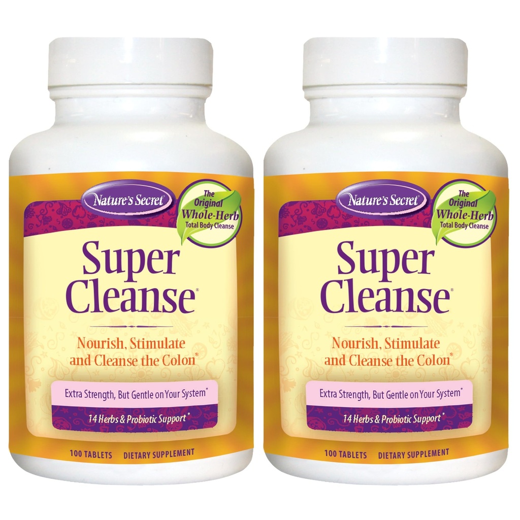Naturens Secret Super Cleanse Extra Strength Toxin Detox & Gentle Elimination Body Cleanse, Digestive & Colon Health Support - Stimulerande blandning av 14 örter med probiotika - 100 tabletter (Pack of 2)