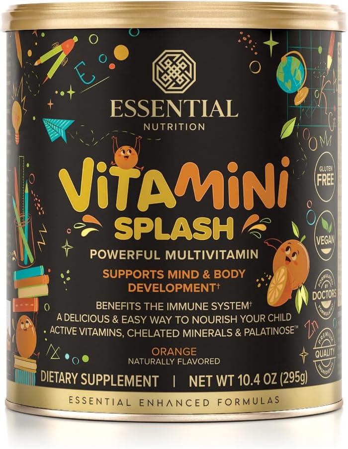 Essential Nutrition Vitamini Splash - Barn multivitaminpulver - Nutritional Support - 13 Aktiva vitaminer och 6 Chelated Minerals, Prebiotic Fiber - Orange smak - (10,4 oz) - Vegan