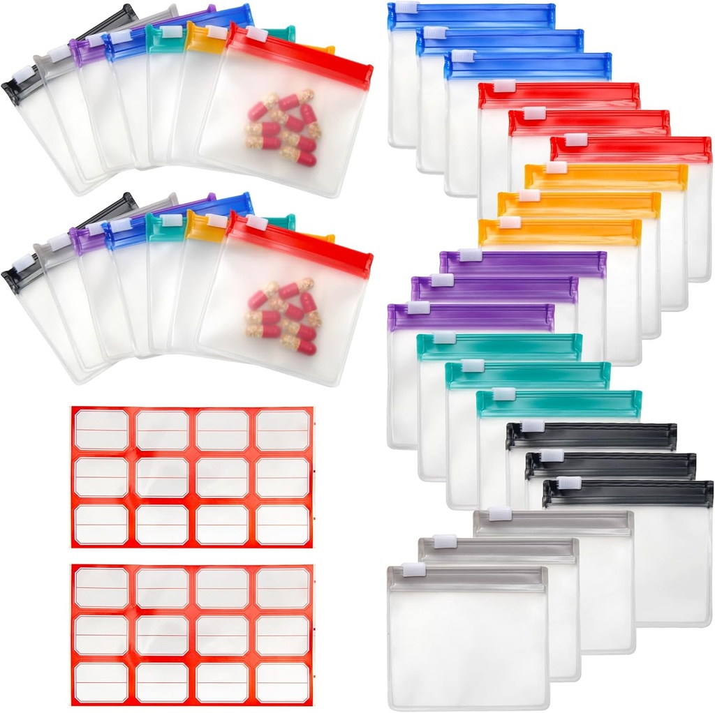35+2 Pcs Pill Pouch Bags Zippered Pill Pouch Set med 2 lakan Label, 7 färger Pill Pouches för Medicin Travel Återanvändbar Små Plast Pill Bags för Resor / Hem Daglig användning