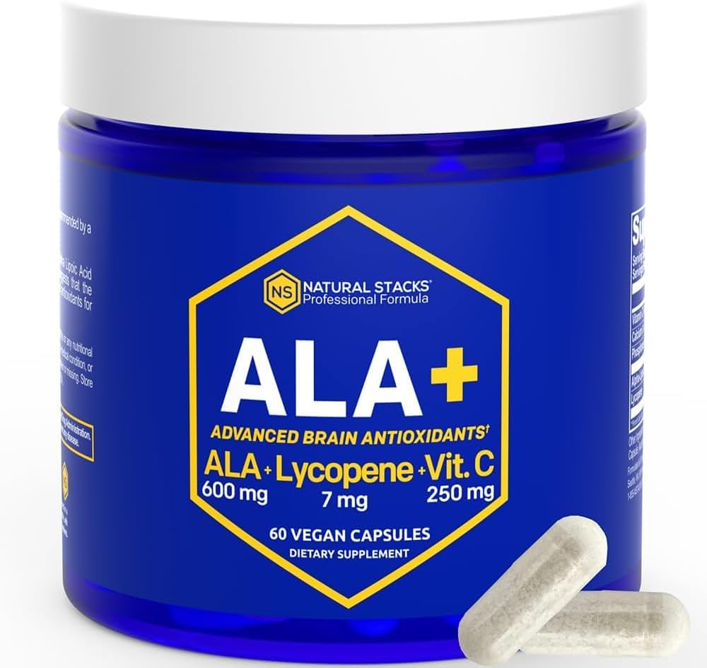 NATURAL STACKS Alpha Lipoic Acid 600mg w/Lycopene och Vitamin C - Tillägg för immunitet och cellulär funktion - Tillägg för hjärnhälsa