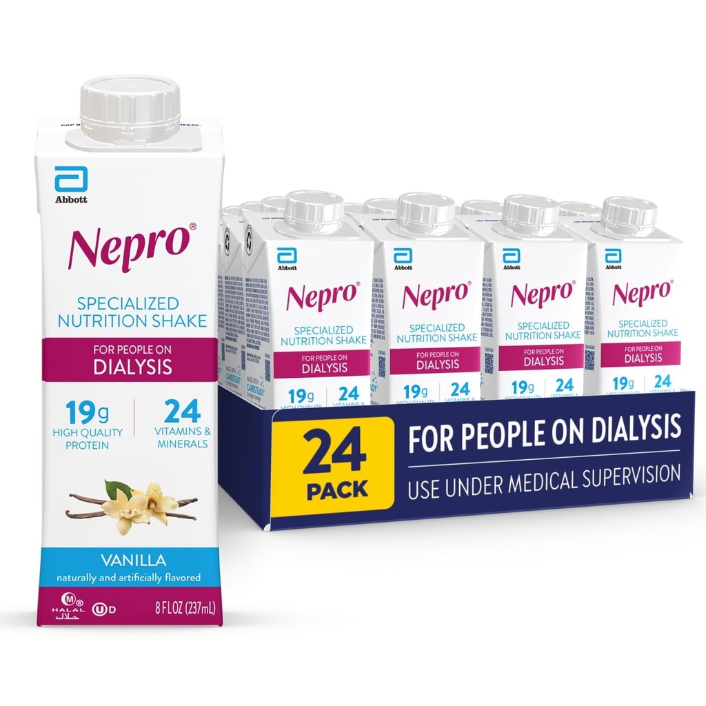 Nepro Nutrition Shake for People on Dialysis, 19g Protein, 420 kalorier, Vanilla, 8 fl oz, pack 24