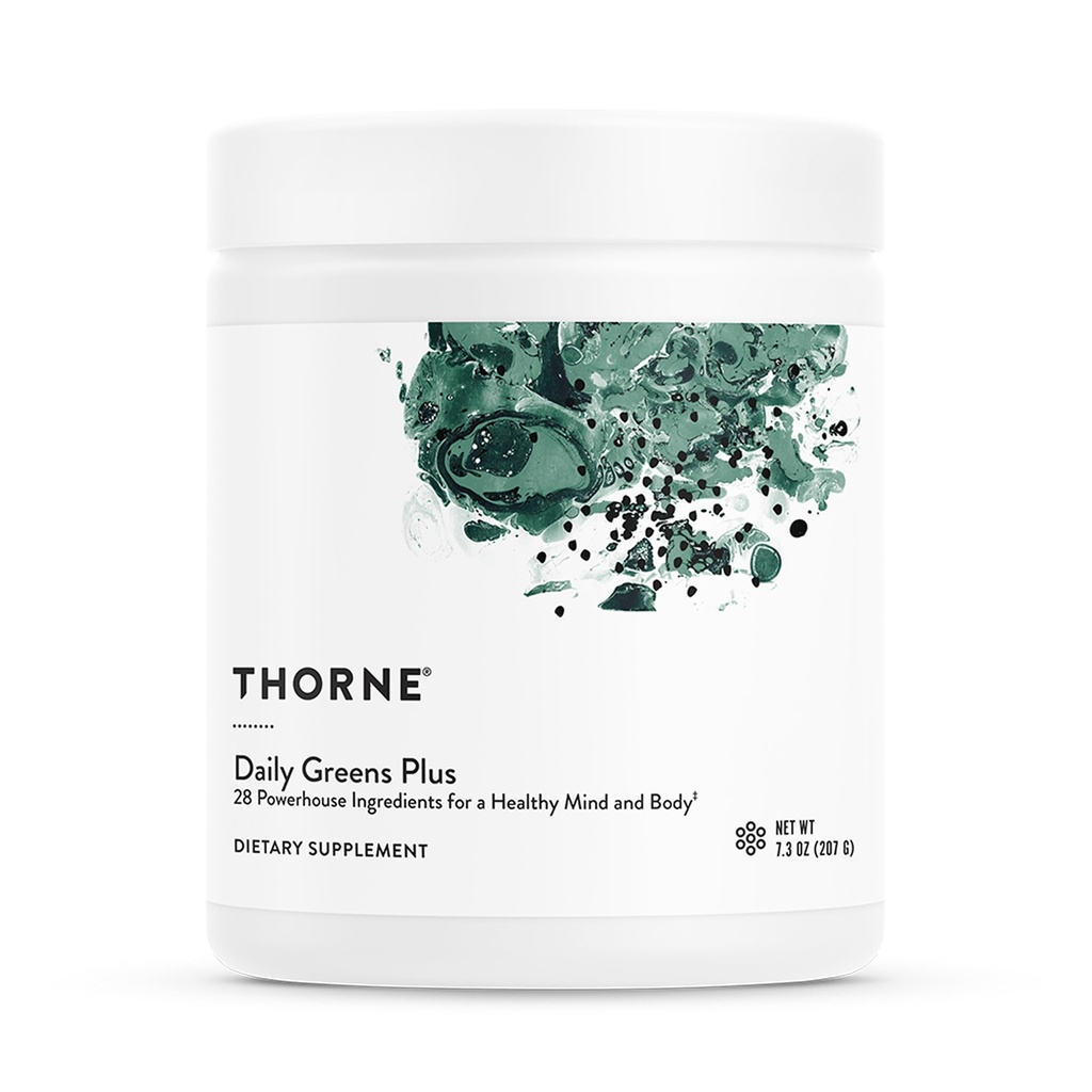 THORNE - Daily Greens Plus - Omfattande gröna pulver med Matcha, Spirulina, Moringa och Adaptogen, Mushroom och Antioxidant Blends - Uppfriskande, Mint Flavor 7.2 Oz - 30 portioner
