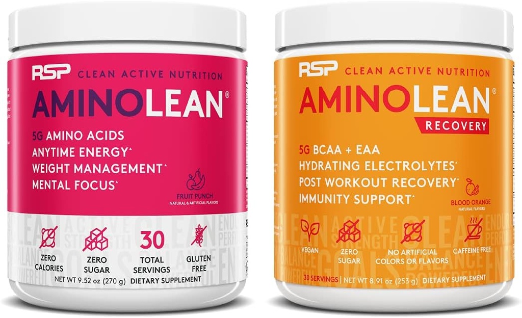 RSP NUTRITION AminoLean Pre Workout Energy (Fruit Punch 30 Servings) med AminoLean Recovery Post Workout Boost (Blood Orange 30 Servings)