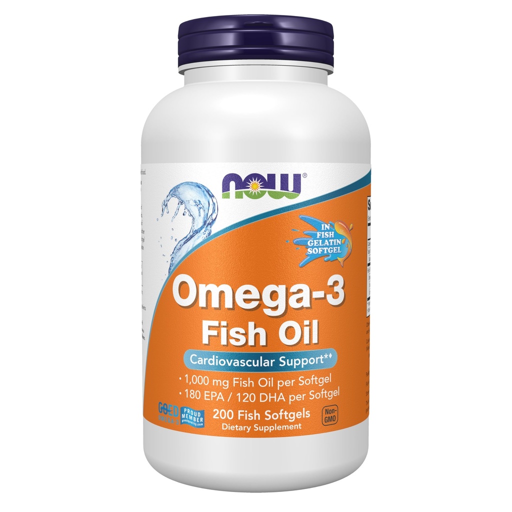 Nu livsmedelstillskott, Omega-3 180 EPA / 120 DHA, molekylärt destillerad, kardiovaskulärt stöd *, 200-fisk Gelatin Softgels,Packaging kan variera