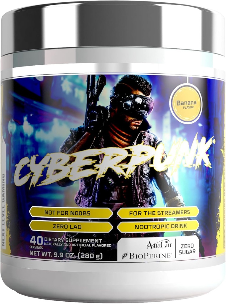 CYBERPUNK Gaming Powder Supplement | Energy & Focus Nootropic Drink | Adaptogen Formel + Vitaminer & Mineraler | Naturliga ingredienser | 40 portioner (Banana)