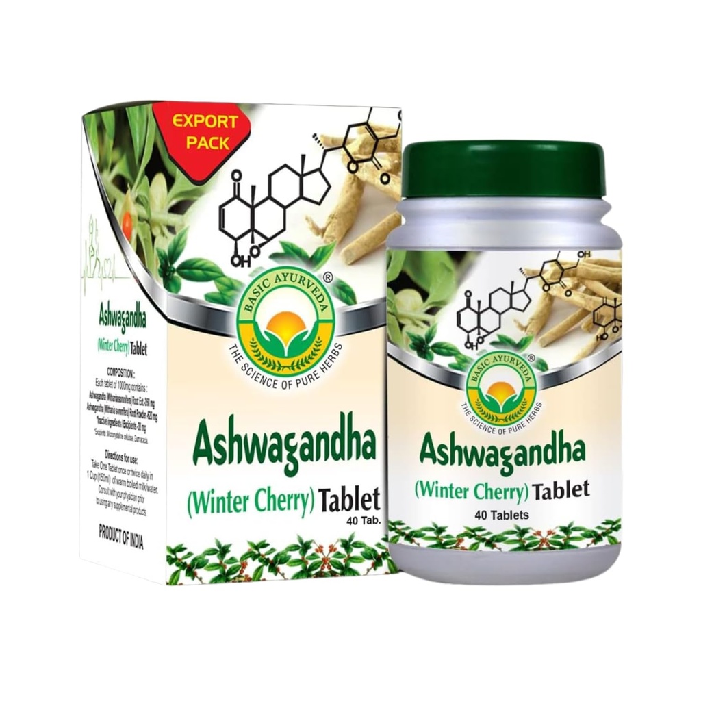 BASIC AYURVEDA Ashwagandha tabletter - 1000mg | Winter Cherry Herbal Supplement | Plant-Based Formel för Daily Routine | Natural Root Extract för Män & Kvinnor | 40 tabletter