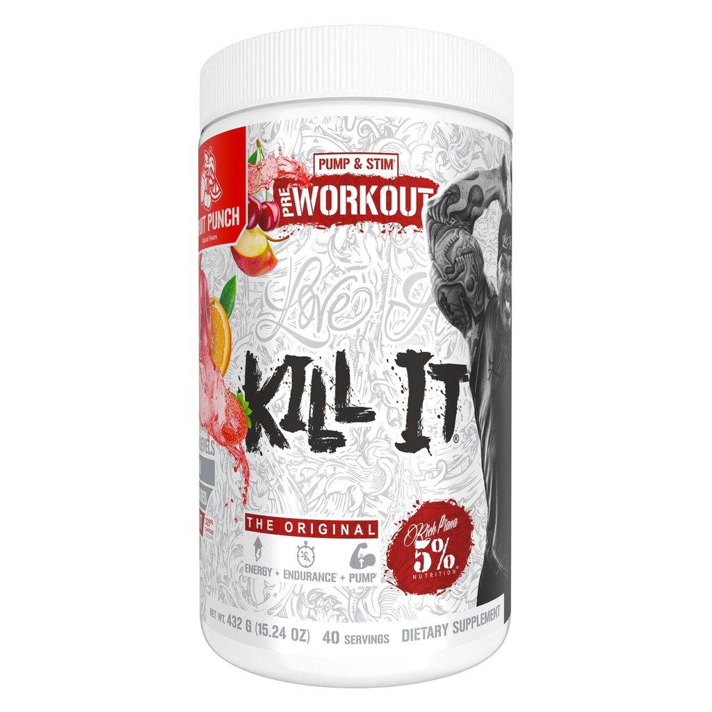 5% Nutrition Rich Piana Kill It Pre Workout Powder w / Creatine, koffein, Beta Alanine, Hydroprime Glycerol för pump, styrka, uthållighet | 20 / 40 Srvgs (40 portioner, fruktpunch)