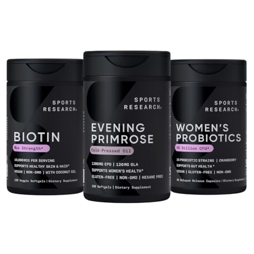 Sports Research Evening Primrose Supplement från Cold Pressed Oil, Vegan Biotin 10.000mcg med kokosolja och kvinnors probiotika med prebiotika, 65 miljarder CFU