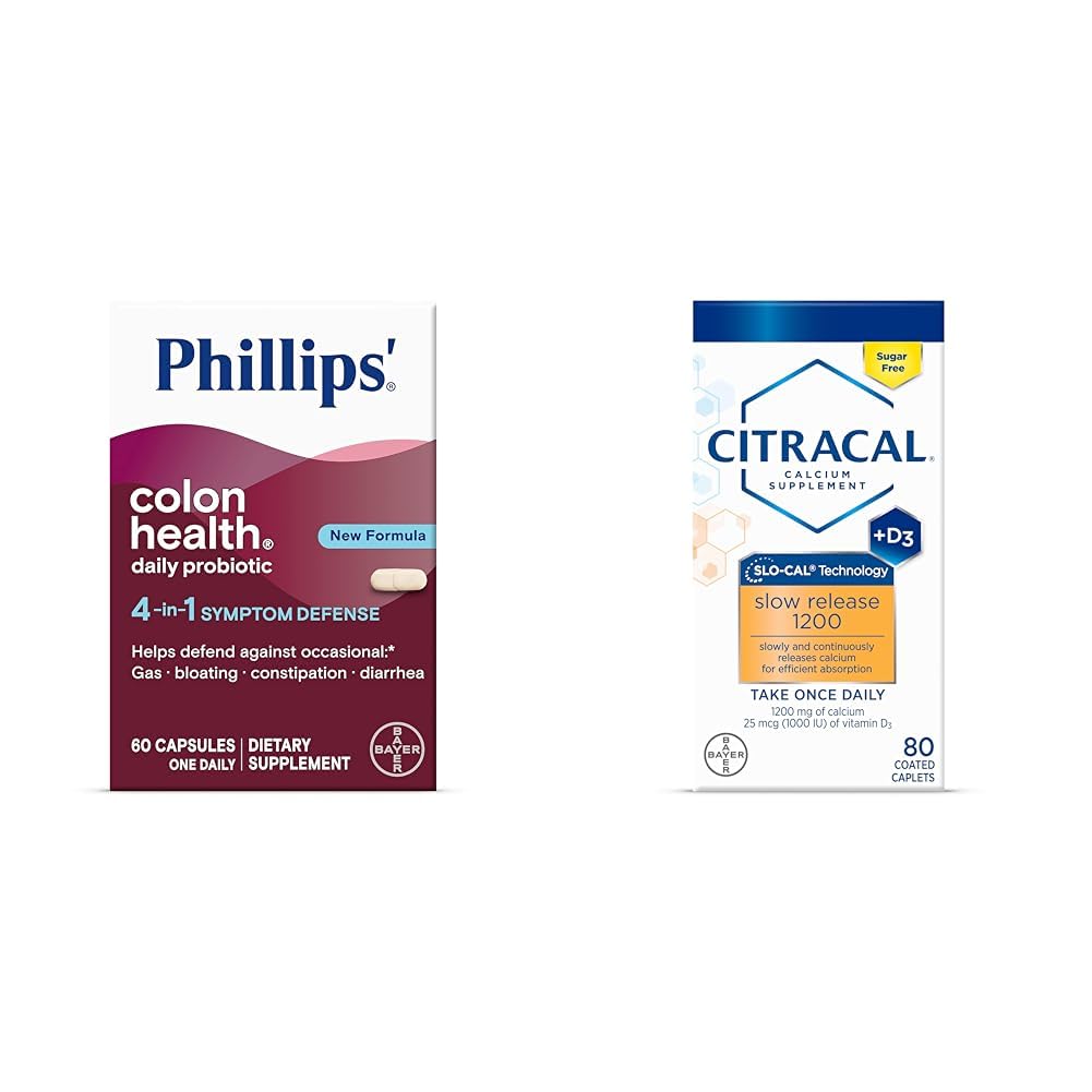Phillips' Colon Health Daily Probiotic Capsules, 4-in-1 Symptom Defense & Citracal Slow Release 1200, 1200 mg Calcium Citrate and Calcium Carbonate Blend