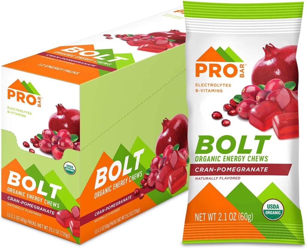 PROBAR - BOLT Organic Energy Chews, Cranberry Pomegranate, Non-GMO, Gluten-Free, USDA Certified Organic, Healthy, Natural Energy, Fast Fuel Gummies med vitamin B & C (12 Count)