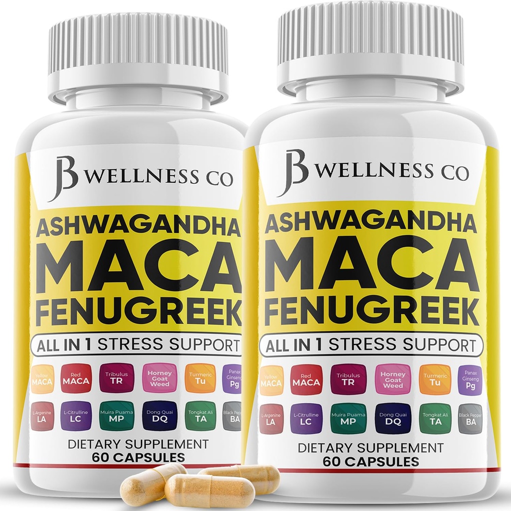 Ashwagandha Maca Root Fenugreek Supplement med Tongkat Ali Ginseng - Assisterar med humör och sköldkörtelhälsa - Made in USA - 120 Count