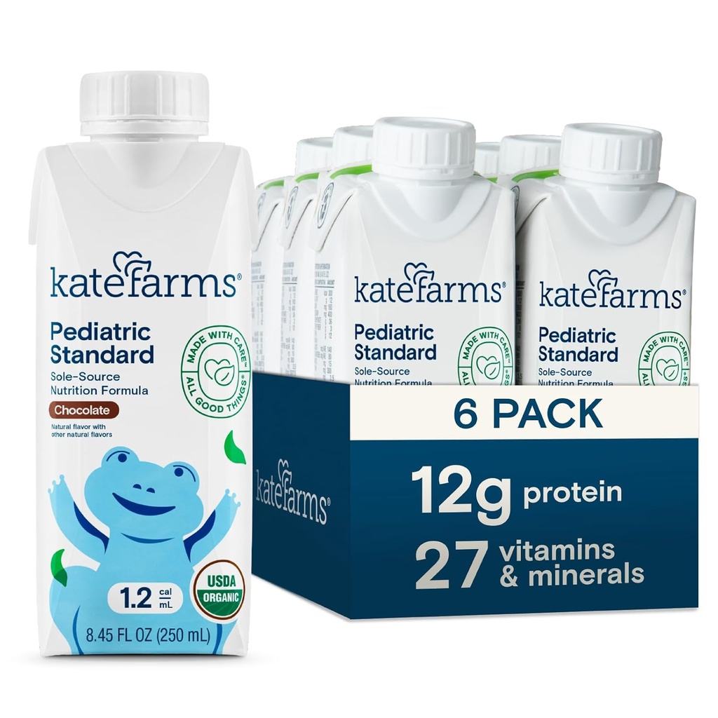 KATE FARMS Organic Pediatric 1,2 High Calorie Chocolate Nutrition Shake, 12g Protein, 27 Vitaminer och mineraler, Meal Replacement, 8,45 oz (6 pack)