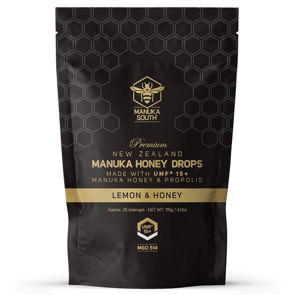Manuka Honey släpper UMF 15 + / MGO 514 + & Propolis droppar tillverkade i Nya Zeeland - naturliga ingredienser - lugnande droppar - Lemon & Honey smak - 25 droppar