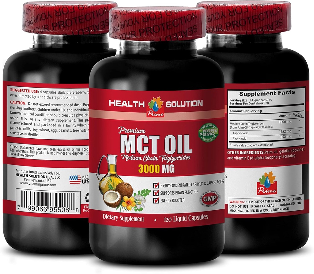 Energistödstillägg - MCT Oil 3600MG, 100% Pure, Medium Chain triglycerider - mct Oil Made with Coconut Oil, mct Oil Pills, mct Oil for Memory, mct Oil for Brain, mct Coconut Oil - 1B 120Soft