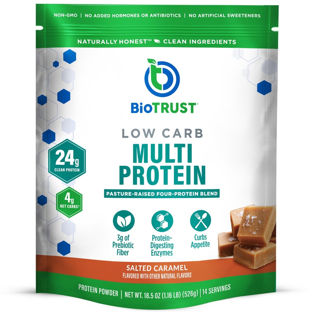 BioTrust Low Carb Protein Powder - Hälsosam Isolerad Whey Protein Powder och Casein Blend från Grass-Fed, Pasture-Raised Cattle, Plus Digestive Enzymes - Salted Caramel, 14 Servings