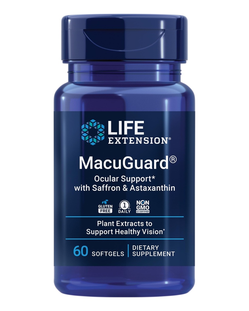 Life Extension MacuGuard Ocular Support med Saffron & Astaxanthin - Eye Health Supplement for Healthy Vision - med Lutein, zeaxanthin, Meso-zeaxanthin - Gluten-Free, Non-GMO - 60 softgels