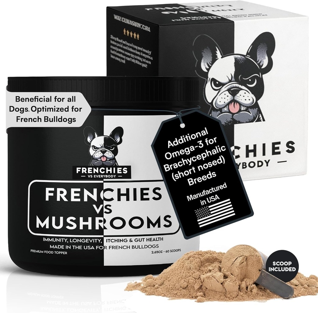 Mushroom Supplement för hundar - Turkiet Tail Mushroom för hund immunstöd, matsmältning, allergier och livslängd med Omega3 & gurkmeja | för hundar klumpar och stötar | French Bulldog Optimized