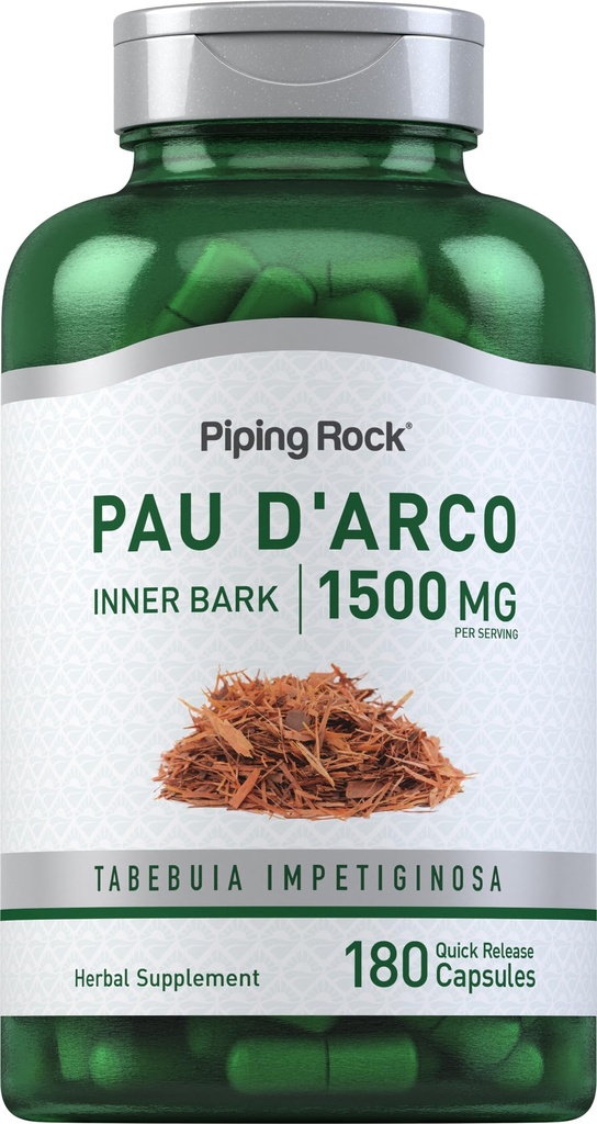 Piping Rock PAU D'Arco Capsules | 1500 mg | 180 piller | Inre Bark | Herb Extract Supplement | Non-GMO, Gluten Free