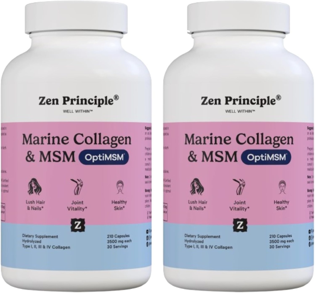 Zen Principle Marine Collagen Peptides Powder med OptiMSM® Supplement. Kliniskt testad för hudstöd. Vildfångad fisk, icke-GMO. 420 kapslar.
