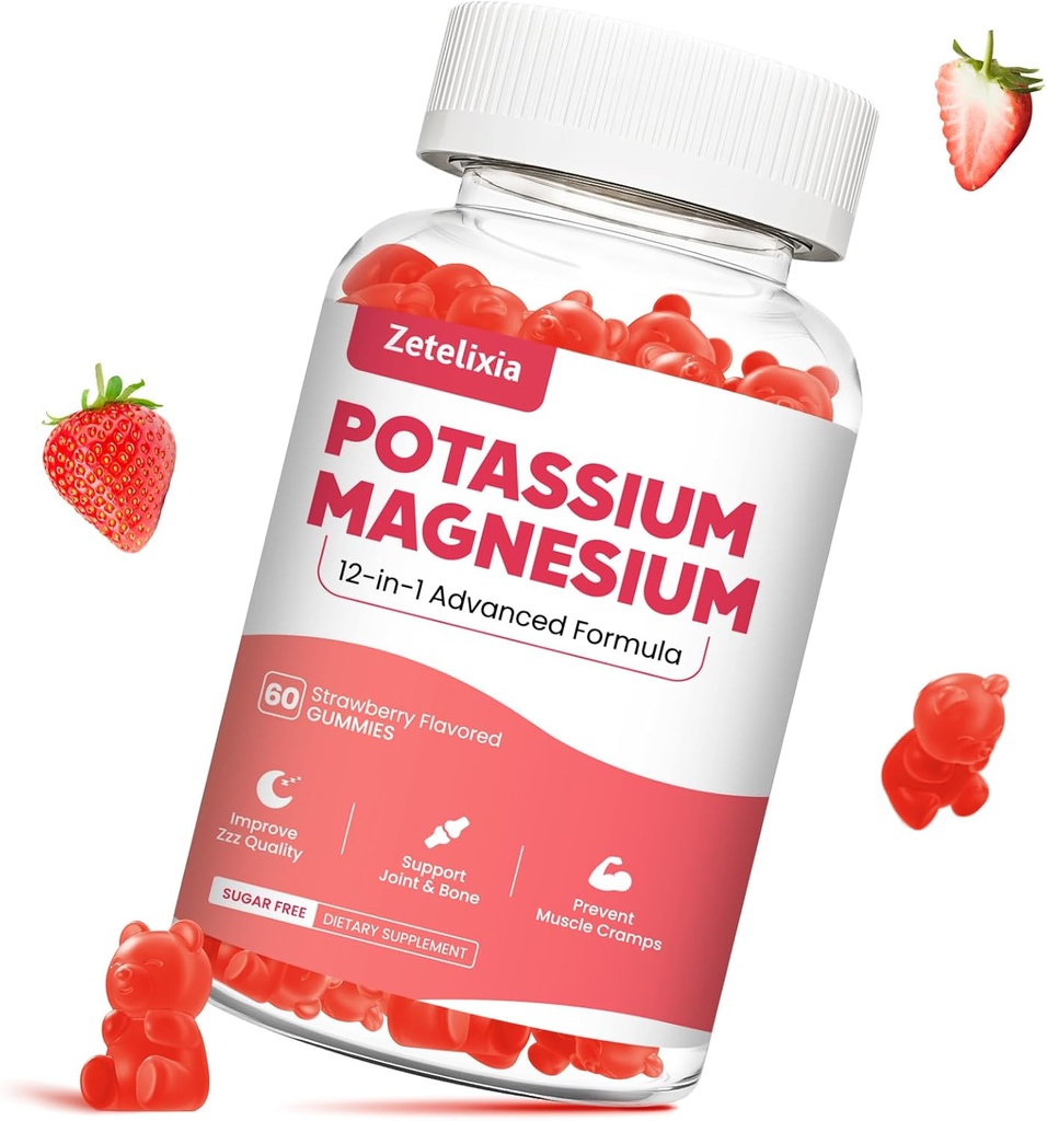 Kalium Magnesium Supplement Gummies för vuxna barn, Magnesium Glycinate & Potassium Citrate, Plus Multivitamin, Omega-3 & Black Pepper, Leg Cramps, Muscle & Heart Health, 60ct