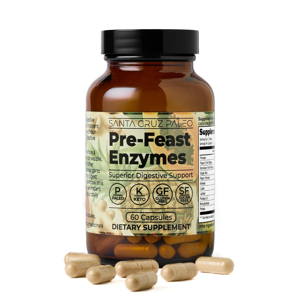 Santa Cruz Paleo Pre-Feast Digestive Enzymes for Women and Men, Fiber Supplement for Gut Health & Digestive Health, Gluten Free, Keto, Sugar Free, Paleo, med Bromelain, Ginger Root, 60 Capsules