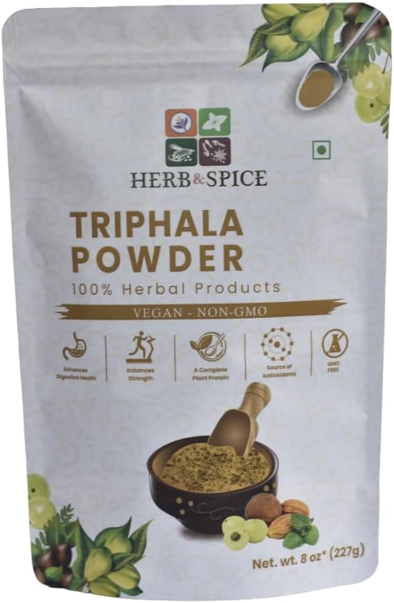 Triphala Powder Non GMO, Gluten Free, 100% Raw, Källa från Indien, Herbal Formel av Amla, Haritaki, Bibhitaki, Packad i Återförsäljbar Zip Lock Pouch (227 Gram)