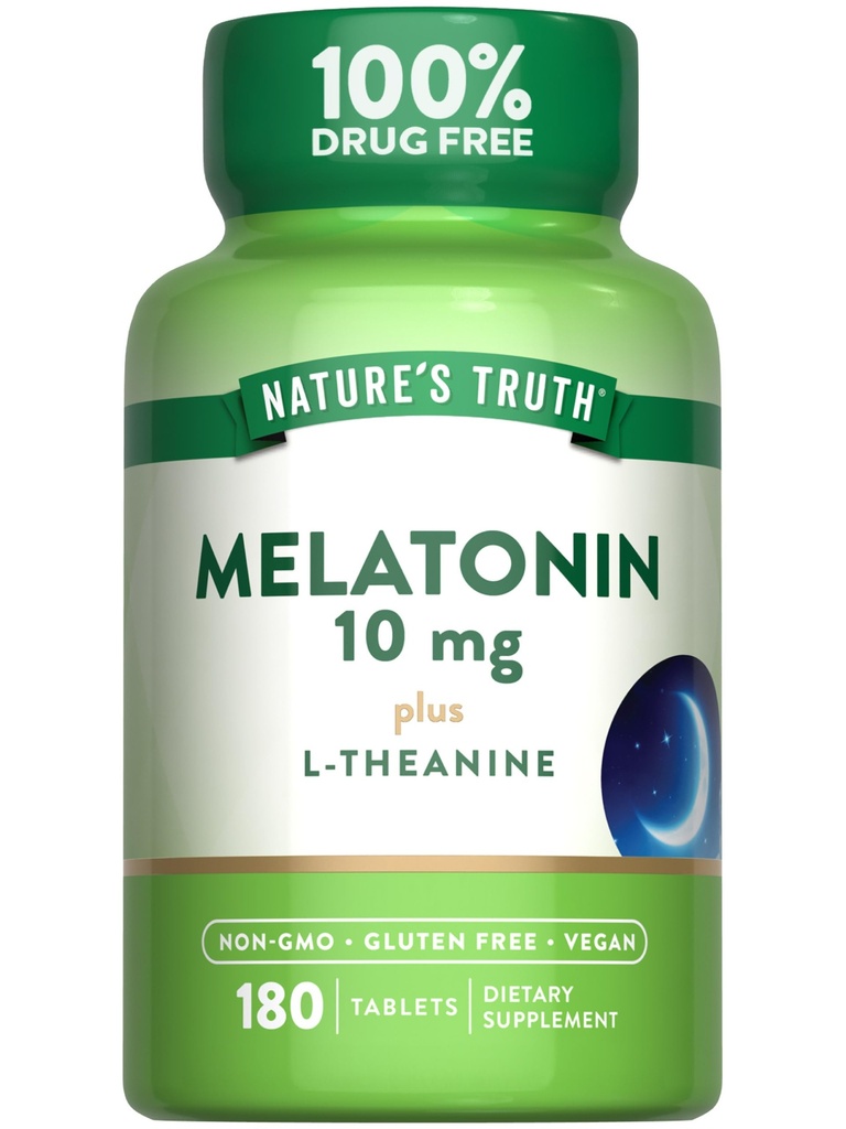 Naturens Sanning Melatonin tabletter | 10mg | 180 greve | med L-Theanine | 100% Drug Free Supplement för vuxna | Vegan, Non-GMO & Gluten Free Supplement