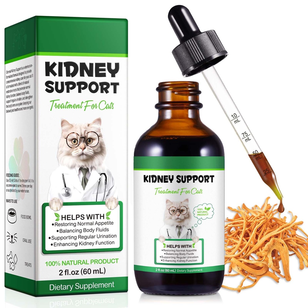 Njurstöd för katter, Cat Kidney Behandling Support Cat Urinate Regelbundet, stärka njurfunktionen, Öka immuniteten, Herbal Supplement stöder hälsosam njurfunktion - 60ml / 2fl.oz