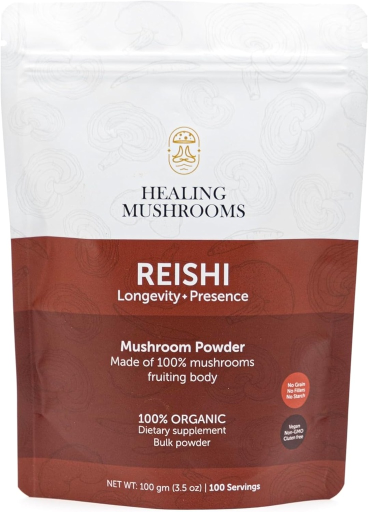 Reishi Pure Powder, Organic Mushroom Supplement för immunstöd, livslängd, humör, sömn, inga fillers, icke-GMO