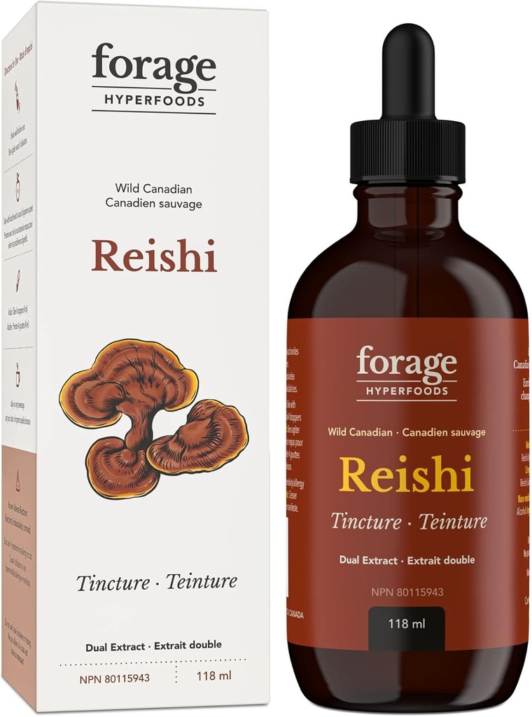 Forage Hyperfoods- Original Canadian Wild Reishi Mushroom Superfood Liquid Supplement Extract Tincture, Vegan, Non-GMO, förbättrar immunsystem och stressrespons, Natural Calm, 118ML