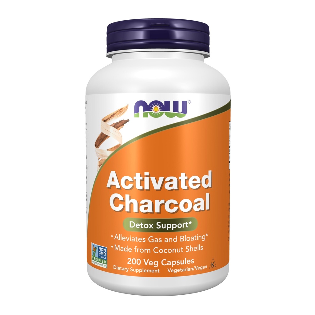 NOW Foods Supplements, aktivt kol tillverkat av Coconut Shells, Non-GMO Project Verified, Detox Support *, 200 Veg Capsules