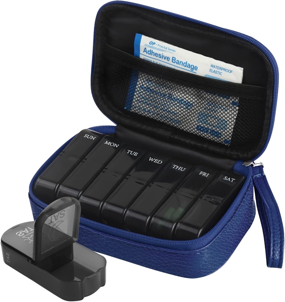 Veckovis PU Läder Pill Bag Organizer Case 2 gånger om dagen, AM PM Daily Pill Box för att hålla vitamin, fiskolja, kosttillskott och medicin (Blå)