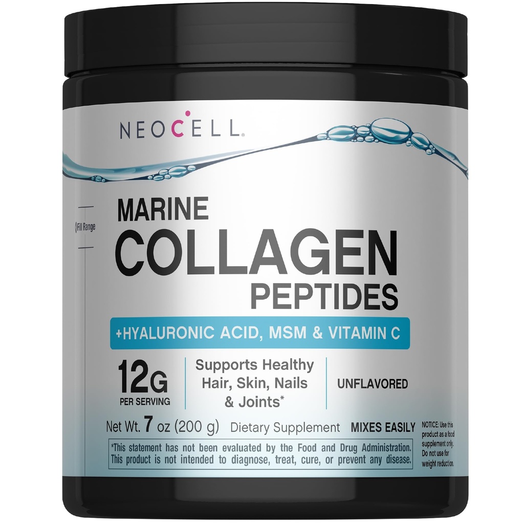 NeoCell Marine Collagen Peptides Powder | 7 oz | Unflavored Supplement | med vitamin C och MSM | Plus Hyaluronic Acid | Prebiotic Fiber Beauty Blend | Hår, hud och naglar | för kvinnor och män
