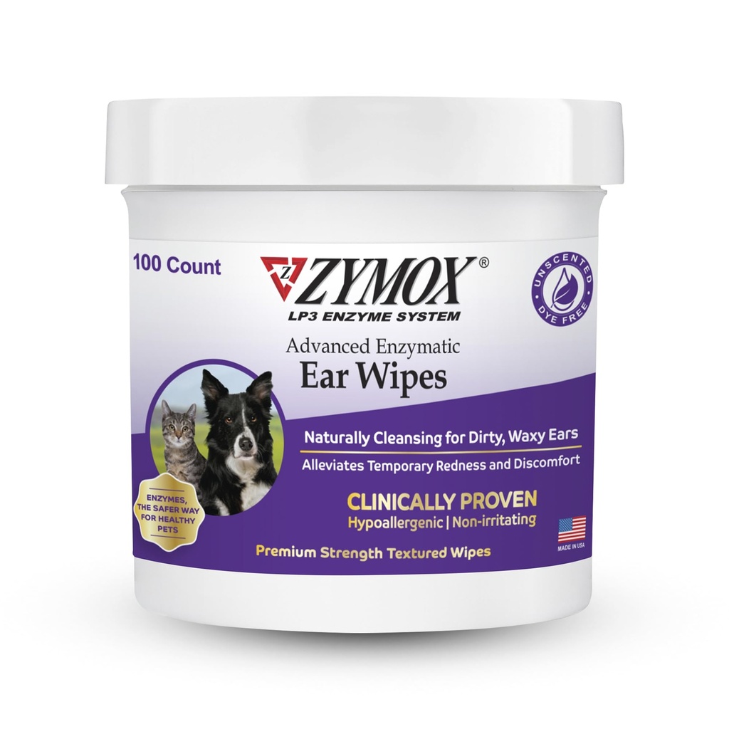 Zymox Advanced Enzymatic Ear Wipes for Dogs and Cats - för Dirty, Waxy, Smelly Ears - Premium Strength Ear Cleaner Wipes - Irriterande - Hypoallergenic - 100 ct