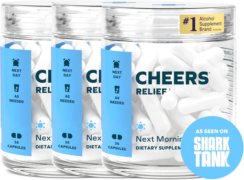 Cheers Relief | Nästa morgonhjälp med Ginger + White Willow Bark | Känn dig bättre efter att ha druckit | 36 doser | Ginger, White Willow Bark, L-Theanine, koffein