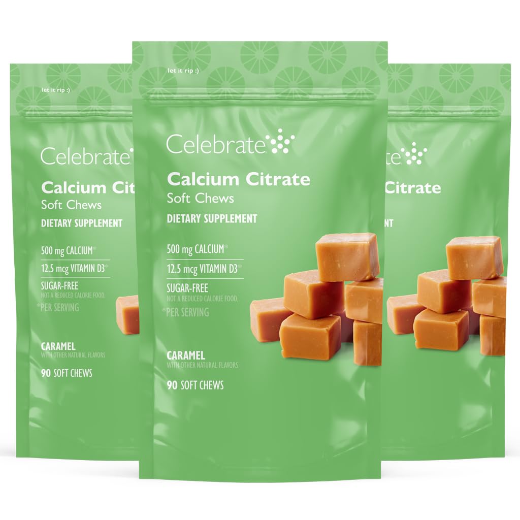 Celebrate Vitamins Bariatric 500mg Calcium Citrate Soft Chews med 500 IE Vitamin D3 - Essential för gastric bypasspatienter och benhälsa - Sugar & Gluten Free, Caramel (270 Chews)