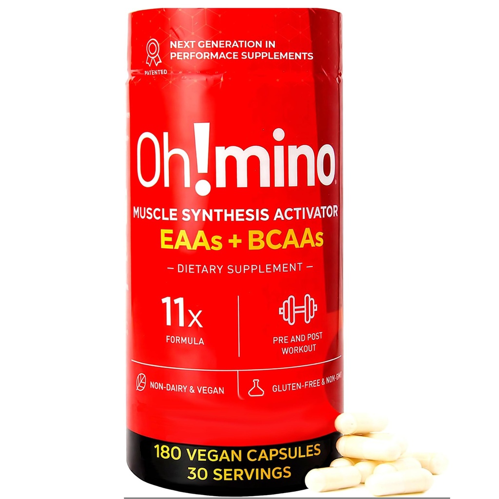 Oh!mino Essential Amino syror tillskott. Kaffeinerade kapslar. Alla 9 EAAs, BCAA och den perfekta amino för träning, Amino Energy och att bygga muskler och återhämta sig snabbare.