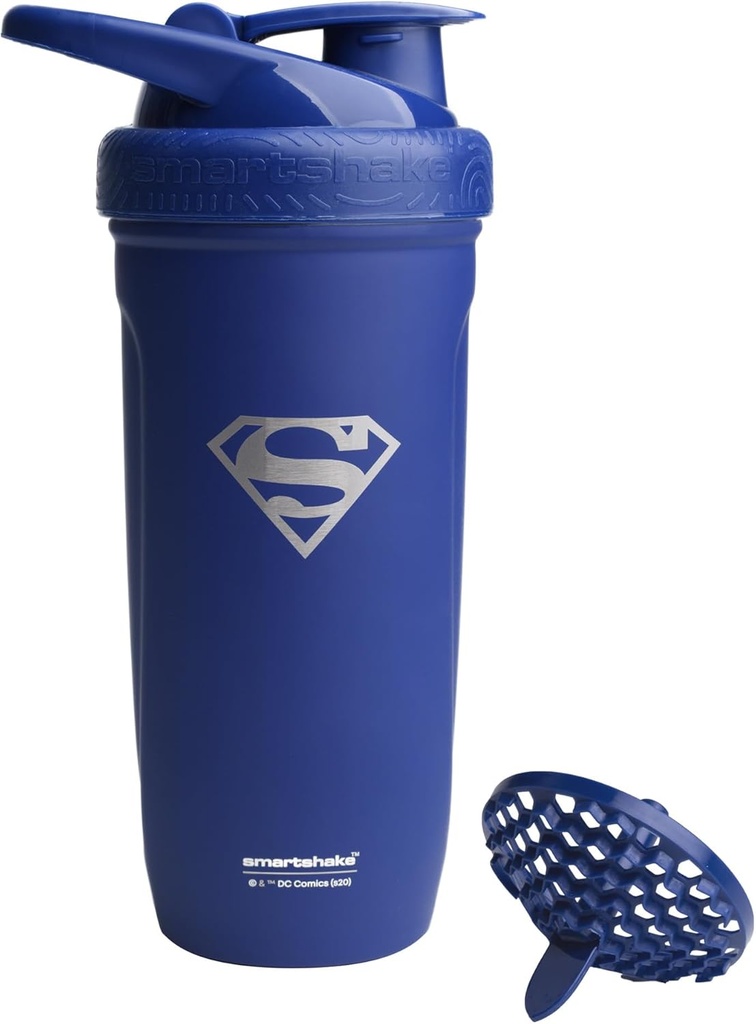 Smartshake DC COMICS Reforce Stainless Steel Protein Shaker Bottle 900 ml | 30 oz - Leakproof Screw-on Lid - BPA Free - Unisex - Non Insulated - Superman Logo