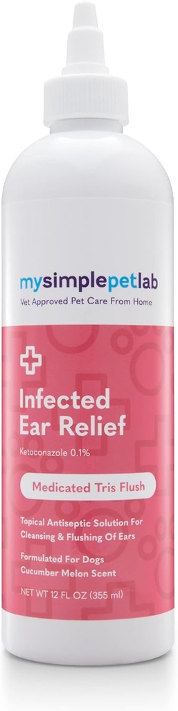 MySimplePetLab Dog Ear Infection Relief, Medicated Tris Flush, Dog Ear Cleaner, Infection Behandling med Ketoconazole, 12 oz, Soothes Inflammation, Smärta Relief, Främjar öronhälsa, Lätt att använda