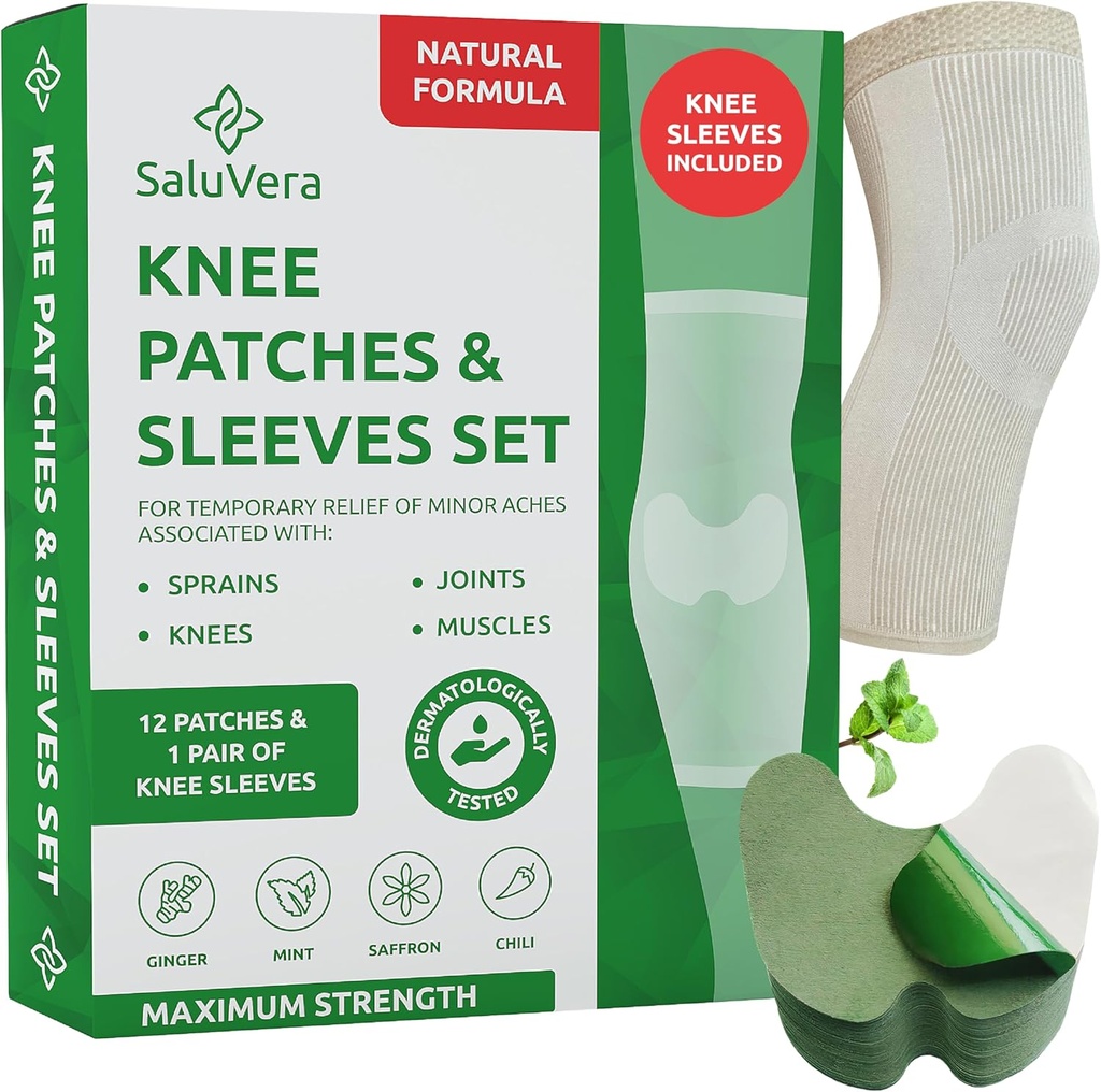 Uppvärmning Herbal Knee Patches med 2 kompression Sleeves - Självuppvärmning Relief Patches för män och kvinnor, naturliga ingredienser för lugnande stöd (12 Patch + 2 kompression Sleeves)