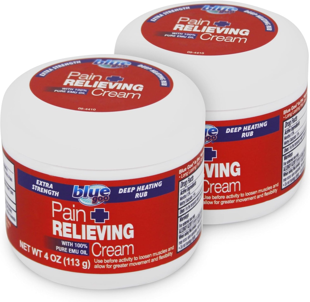 Blue Goo Maximum Strength Pain Relieving Cream - Deep Heating Rub for Back/Neck, Sports Muscle/Joint, Sprains, Bursitis, Strains - 2 Packs of 4 oz, Tillverkad med 100% Pure Emu Oil